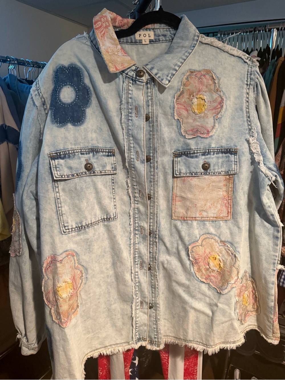 POL Light Wash Denim Jacket with Floral Appliqués